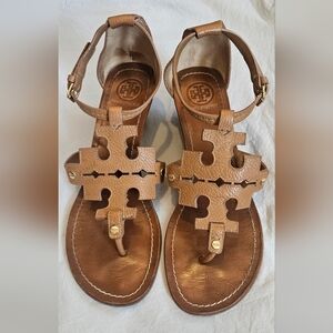 Tory Burch Leather Logo Classic Wedge Sandal Pebbled Ankle Strap 10M